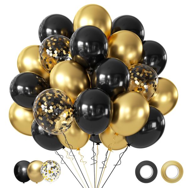 Black and Metallic Gold Balloons, 50PCS Black and Gold Balloons Party Decorations 12 Inch Black & Gold Confetti Party Balloons for Birthday,Graduation,New Years,Wedding Party Decorations