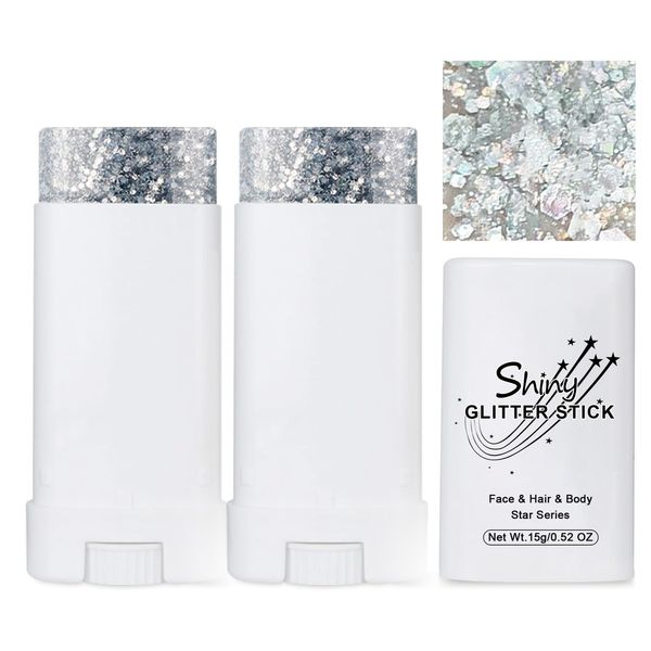 2 PCS Body Glitter Stick,Silver Body Glitter Stick for Singer Concerts,Waterproof Mermaid Face Glitter, Music Festival Chunky Glitter Makeup, Hair Glitter for Kids and Woman (02# Silver)