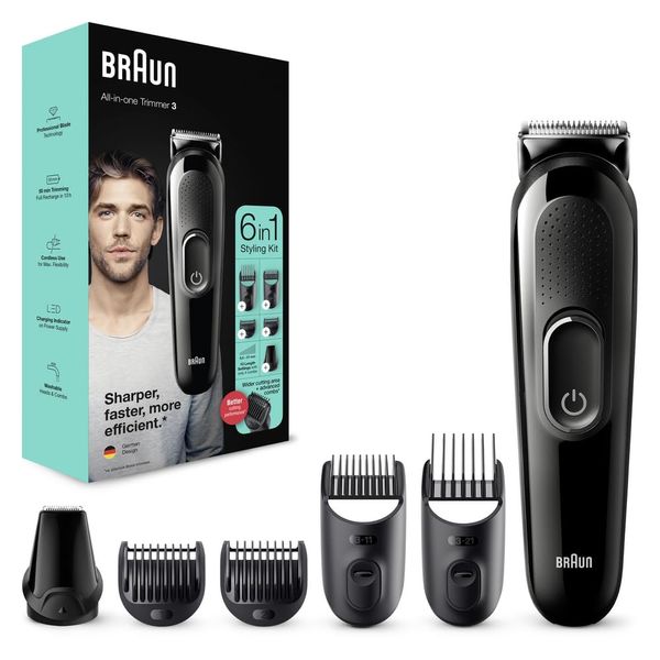 Braun 6-In-1 All-In-One Trimmer Series 3, Male Grooming Kit With Beard Trimmer, Hair Clippers & Precision Trimmer With Lifetime Sharp Blades, 5 Attachments, Gifts for Men, UK 2 Pin Plug, MGK3335