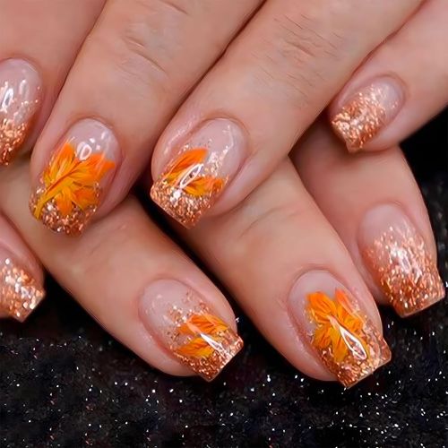 Calkkrer 24 pezzi Autunno Press On Nails, design glitterato, unghie finte con foglia d'acero, unghie artificiali, arancione e scintillante, punte finte per manicure autunnale