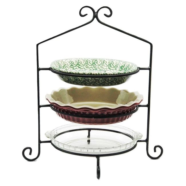 3 Tier Pie Plate Stand - Solid Satin Black Wrought Iron Triple Rack Display Amish Handmade in USA