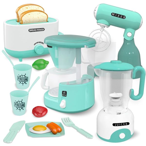 BRIGPICIOUS Toy Kitchen Sets, Pretend Play Kitchen Appliances Toy Set with Coffee Maker, Mixer, Toaster with Realistic Lights& Sounds, Birthday Gift for Kids Ages 2 3 4 5