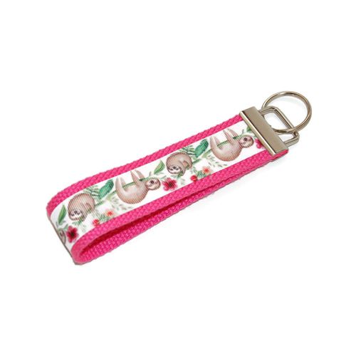 Sloth on Vine Keychain Pink Ribbon Wristlet key Fob