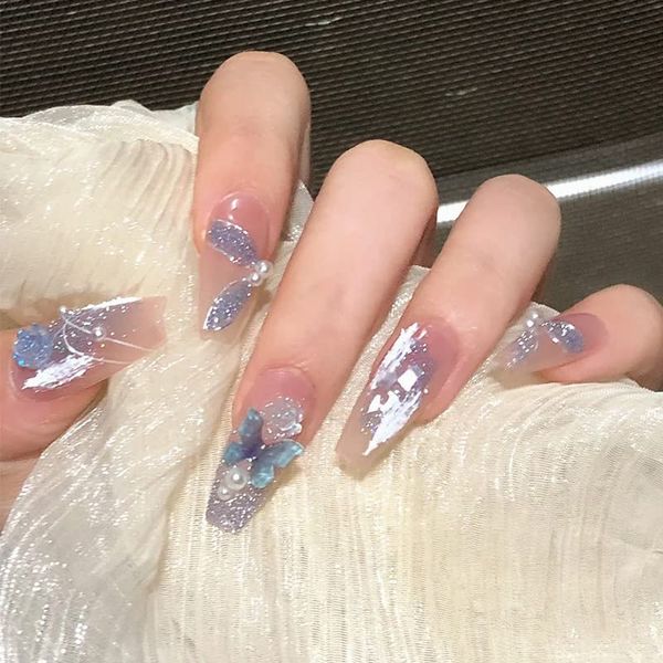 AAGWW Nail Tips, Berry Short, False Nails, Long, Coming-of-Age Ceremony, Mat, False Nails, Cute, Beautiful Shell Supplies, Workshop, Glue Design (Color: Purple Kasumi Butterfly, Product Contents: 24 Nail Art + Glue)