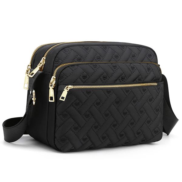 Black Quilted Nylon Crossbody Bags for Women Trendy Medium Crossbody Purse Designer Travel Shoulder Bag Casual Messenger Handbag Large Womens Cross Body Bags