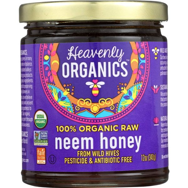 Heavenly Organics 100% Organic Raw Neem Honey 2 Pack - Size 12Oz/Jar Lightly Filtered to Preserve Vitamins, Minerals and Enzymes; Made from Wild Beehives & Free Range Bees, Dairy, Nut, Gluten Free, Kosher, Chemical , Antibiotic and Glyphosate free