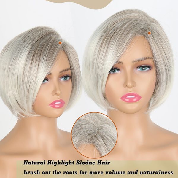 Matthia Straight Bob Wig Platinum Blonde Short Wigs for White Women, Short Bob Pixie Cut Wigs with Side Bangs Charming Synthetic Glueless Layered Bob Wig Daily Use Wigs (Highlight with Light Blonde)