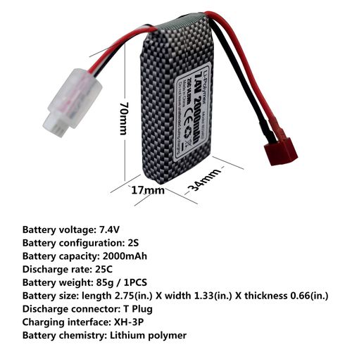PUOO Accessory 2PCS 7.4V 2000mAh T-Plug Lithium Battery for 9200 HB101 9200E 200E 9202E 9203E 9204E 9205E 9206E 2995 YC300 HM101 25-DJ02 9125 S920 WLtoys RC Car Remote Control Boat