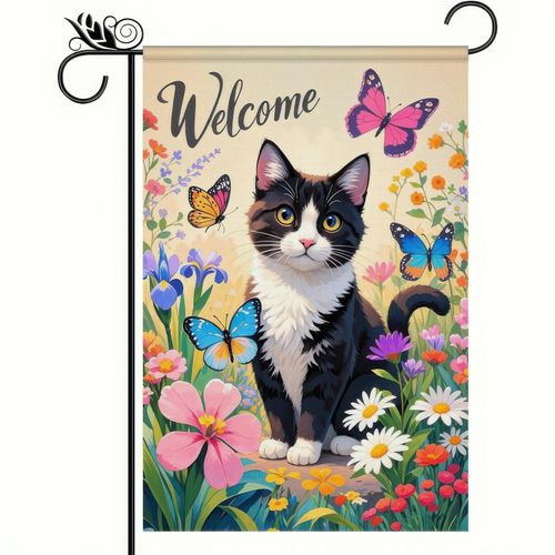 BlissYard Spring Garden Flag: Playful Cat with Flowers & Butterflies - 12x18 Inch Double-Sided Welcome Flag for Outdoor Spring Decor