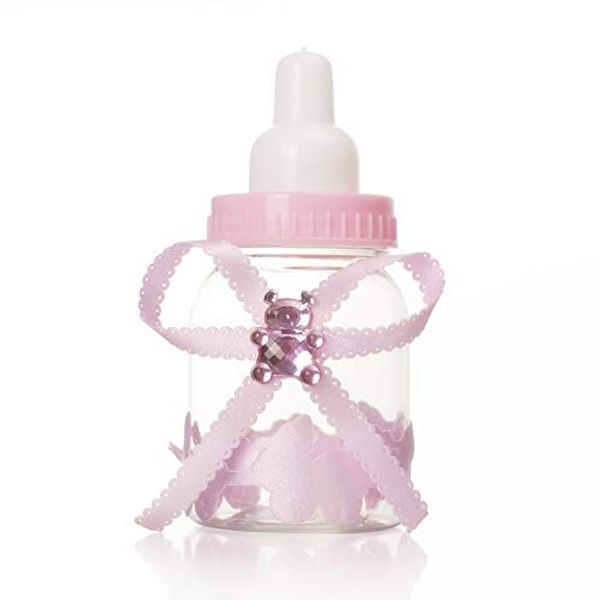 3.5 Inches Baby Bottle Shower Favor,Mini Plastic Candy Bottle,Baby Shower Supplies Boy Girl Newborn Baby Baptism Birthday Party Decor (2 Dozens, Pink ornamented)