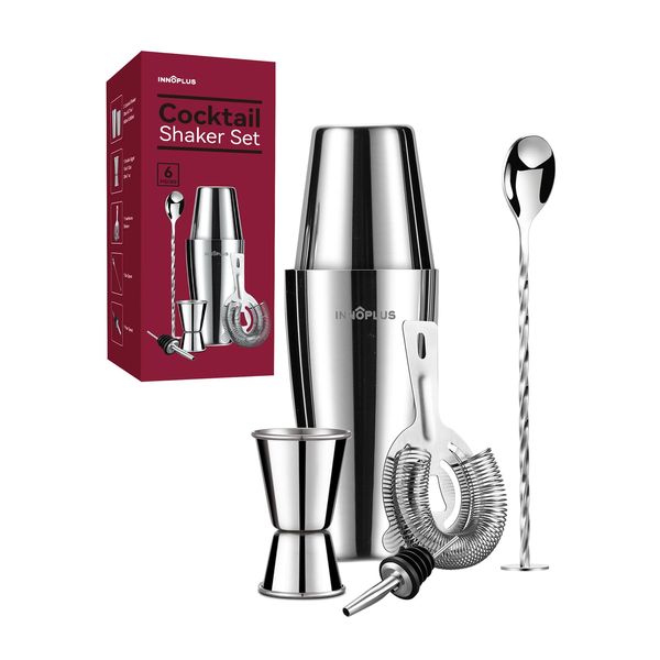 Cocktail Shaker, Cocktail Shakers 800ml, Cocktail Making Set 6 Piece, Cocktail Shaker Kit with Strainer, Double Jigger, Bar Mixing Spoon, Boston Shaker Bartender Maker Martini sets for Christmas Gifts