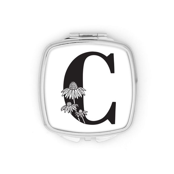 Personalised Initial C Any Letter Monogram Black & White Floral Compact Pocket Mirror Initials Custom Monogram