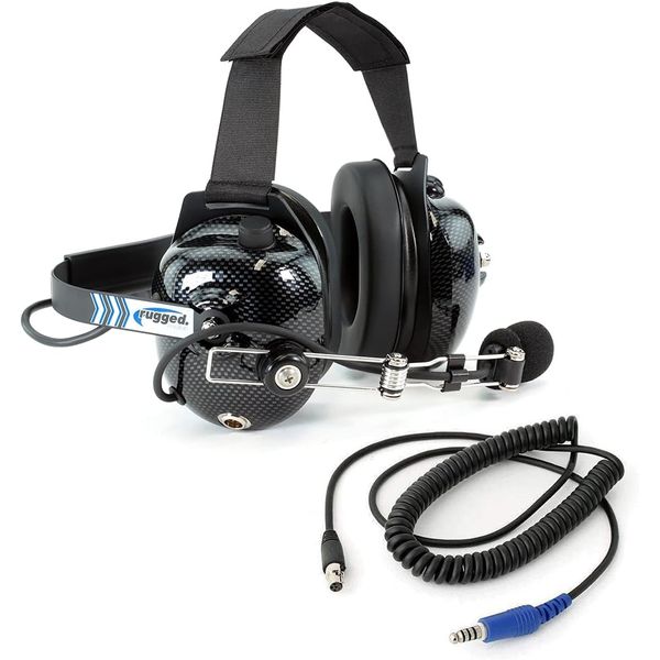 Rugged Carbon Fiber Behind The Head Headset and Adaptor Cable for Intercoms – Features 5-Pin to Off Road Coil Cord and Volume Control Knob 3.5mm Input Jack