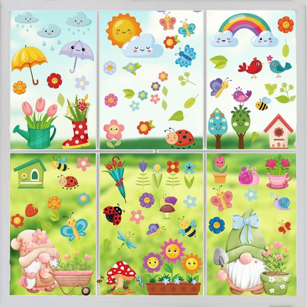 BBLIKE Fensterbilder Frühling 9 Blätter Fenstersticker Frühling Ostern Selbstklebend Schmetterling Blumen Vogel Baum Fensteraufkleber Wiederverwendbare für Fensterdeko Kinderzimmer Party Zubehör