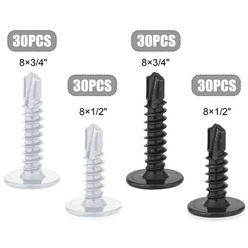 Metal Screws Self Tapping, 120pcs Stainless Steel Screws Set Assorted Flat Head Self Drilling Screws for Wood Drywall Metal Plastic Panels Sheet Metal Screw Black and Silvery Size #8×1/2" and #8×3/4"