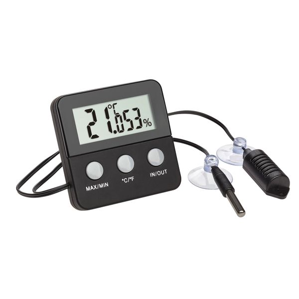 TFA Dostmann Terracheck Digitales Thermo-Hygrometer, 30.5044.01, Kabelfühler mit Saugnäpfen, ideal für Terrarien, schwarz L 64 x B 24 x H 64 mm