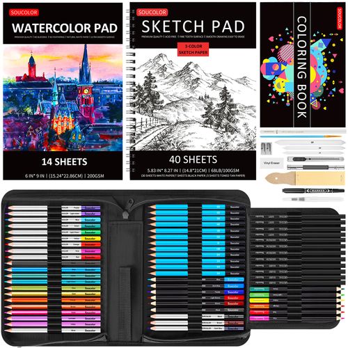 Soucolor Art Supplies, 76 Pack Drawing Supplies for Adults Kids Teens, Drawing Kit Sketching Art Set with 3-Color SketchBook, Coloring Book, Watercolor Pad, Graphite Charcoal Metallic Colored Pencils