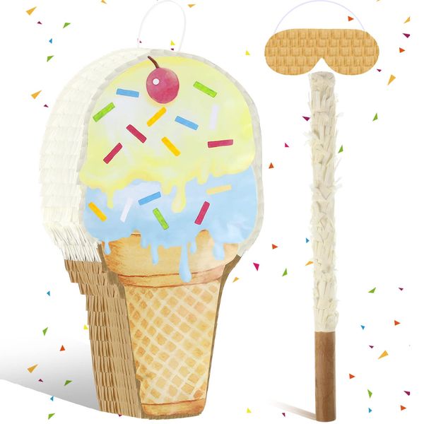 Ice Cream Piñata Ice Cream Cone Shaped Piñata with Stick Blindfold for Kids Birthday Summer Candy Theme Girls Baby Shower Beach Wedding Party Supplies Decorations, 15.8 x 9.5 Inch(Khaki)