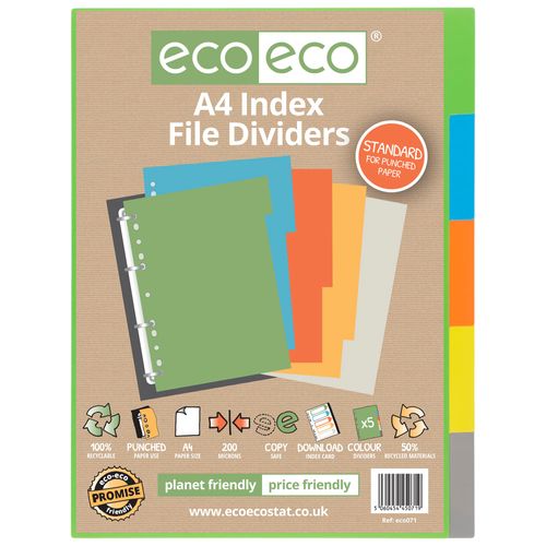 eco-eco A4 50% Recycled Multipunched Reinforced Colour Set 5 Subject Index File Dividers 200mic (Pack of 4) eco071x4