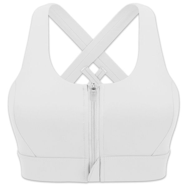 Cordaw Zipper in Front Sports Bra High Impact Strappy Back Support Workout Top, White Small