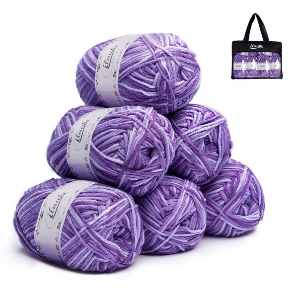 ilauke Knitting Wool Yarn 6 x 50g Balls, 4-ply Acrylic Yarn for Knitting, Crochet Yarn Packs for DIY Crafts Blanket Dolls, Double Knitting Wool, Purple