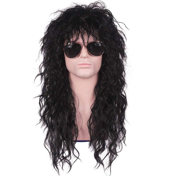 Qaccf 80s Wigs Halloween Costumes Male Wig Long Culry Punk Heavy Metal Mullet Wig (Grey Mix)