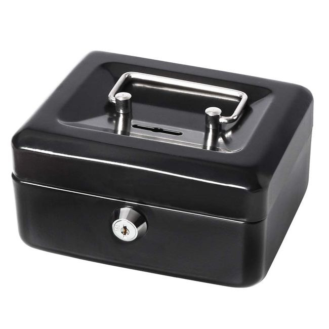 Cash Box with Slot for Kids, Decaller Small Money Box with Money Tray & Key Lock, 6 1/5" x 5" x 3", Black, QH15010XS