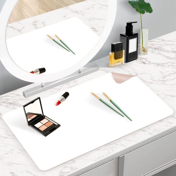 TOHONFOO Makeup Mat for Vanity to Protect Vanity Desk Top, Dual-Sided Vanity Mat, Easy to Clean Vanity Desk Mat - Vanity Makeup Pads Waterproof and Oilproof, 23.6 x 11.8 in (White and Khaki)