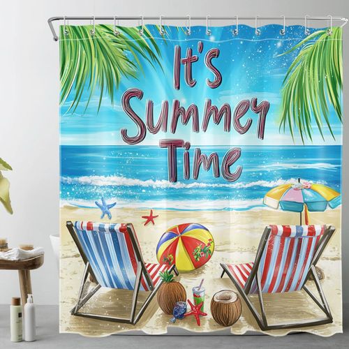 LB Summer Coastal Shower Curtain Blue Ocean Green Tropical Leaf Beach Loungers Shower Curtains for Bathroom Decorative Waterproof Washable Fabric with 12pcs Hooks,72x72 inches