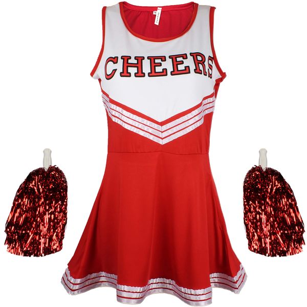 Cheerleader Fancy Dress Outfit Uniform High School Cheerleader Costume Women with Pom Poms Red Cheerleader, Ladies Medium