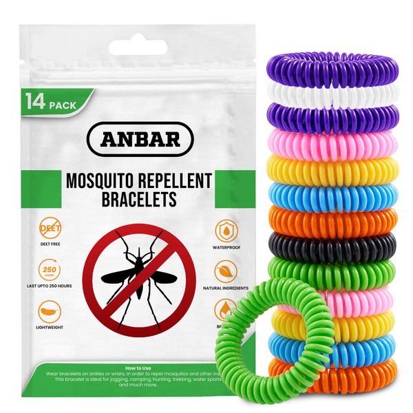 Anbar Mosquito Repellent Bracelets Bands for Adults and Kids, 14 Pack, All-Natural Deet-Free, Non-Toxic Protection, Stretchy Waterproof Anti-Mosquito Wristbands for Hiking and Camping