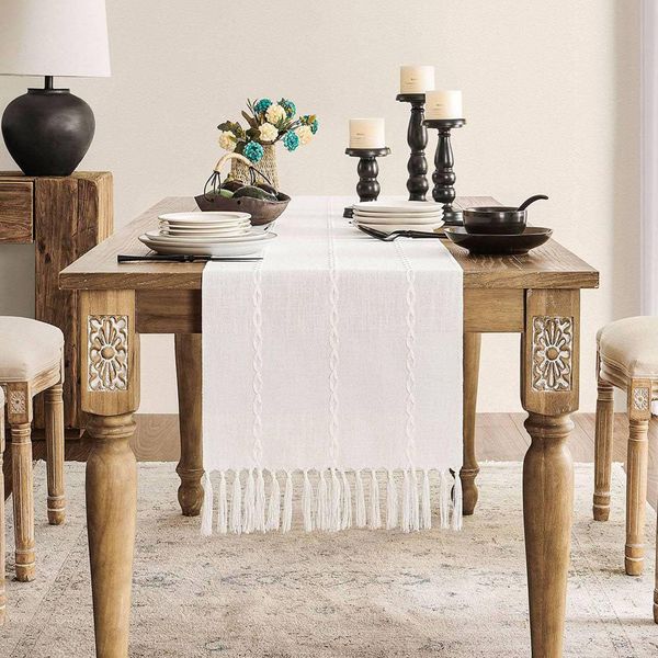 ZeeMart Farmhouse Table Runner, Rustic Table Runners 72 Inches Long, Linen Boho Table Runner, Braided Striped White Table Runner for Dining Party Holiday, 15x72 Inches, Braided Off White