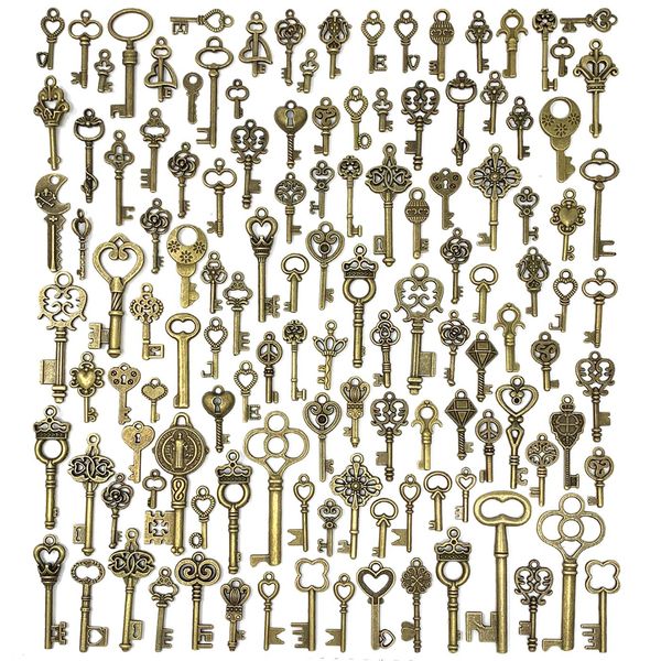 125 PCS Vintage Skeleton Key Set Charms, JIALEEY Mixed Antique Style Bronze Brass for Pendant DIY Jewelry Making Wedding Party Favors