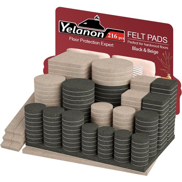 Yelanon Felt Furniture Pads - 216 Pcs Furniture Pads Hardwoods Floors Self Adhesive, Cuttable Felt Chair Pads, Anti Scratch Floor Protectors for Furniture Feet Chair Legs, Beige & Black