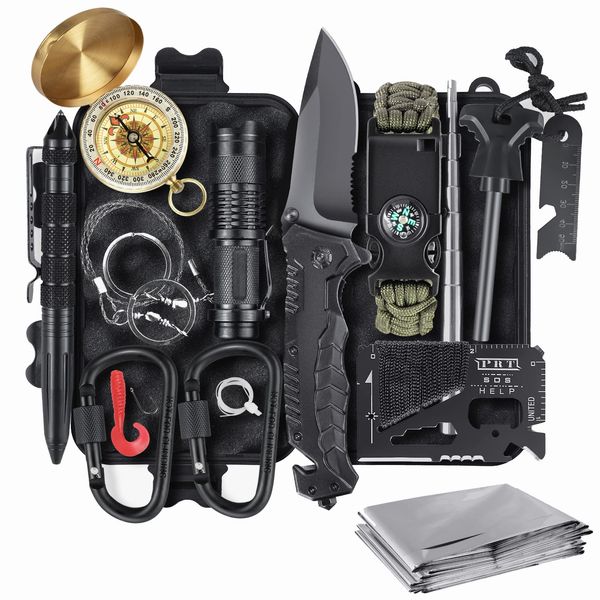 14 in 1 Survival Ausrüstung, Professionelles Notfall Survival Kit, Camping Zubehör für Outdoor Camping, Abenteuer, Wandern, Jagen, Angeln, Männer, Väter, Geschenke für Männer Papa