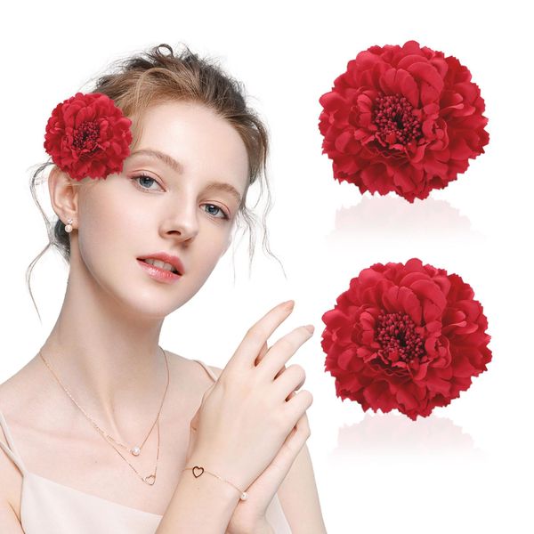 EUPSIIU 2 Pack Bohemian Flower Hairpin, Red Flower Hair Clip for Women's Day, Red Flower Hair Clip, Flower Hairpin, Bridal Hair Accessories, Red Rose Hair Barrette for Party Beach Wedding (Red)