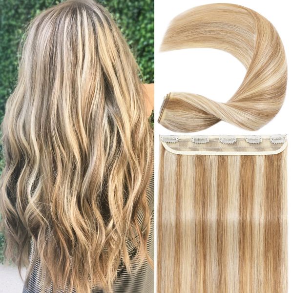 S-noilite One Piece Clip in Hair Extensions Real Human Hair Balayage One Piece/5 Clips 3/4 Full Head One Piece Human Hair Extensions Clip ins One Weft Hair #Golden Brown/Bleach Blonde 20"(50cm)-50g