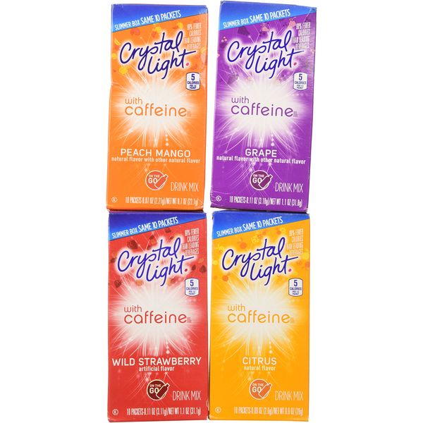 Crystal Light With Caffeine Variety Pack, 1 peach mango, 1 Citrus, 1 Wild strawberry, 1 Grape, 4 ct.