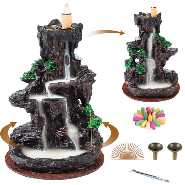 SPACEKEEPER Incense Burner, Backflow Incense Holder 2 Sides Waterfall Incense Burnier with 120 Backflow Incense Cones, 30 Incense Sticks, Aromatcherapy Ornamen for Home