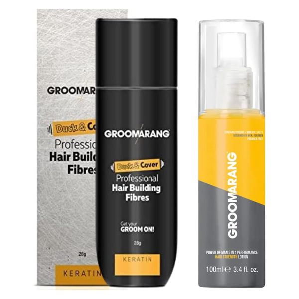 Hair Fibres GROOMARANG Keratin Hair Building Fibres for Thinning Hair - Instantly Conceals Thinning Areas for Fuller Thicker Hair - For Men & Women 28g PLUS Hair Loss Prevention Lotion (Light Brown)