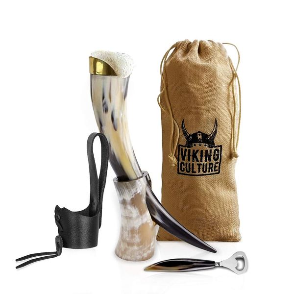 Viking Culture 16 Oz. Viking Drinking Horn with Beer Opener, Stand, Genuine Leather Belt Holster and Vintage Burlap Bag, Polished Finished with Authentic Medieval Norse Style