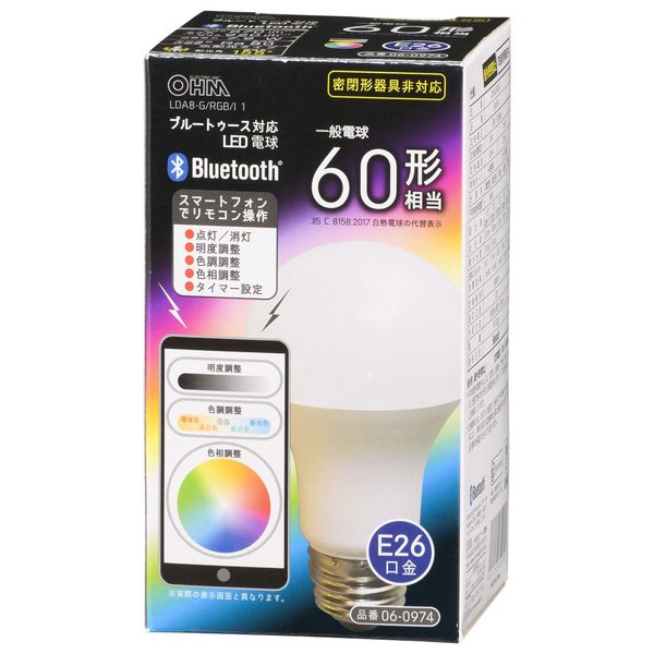 OHM LDA8-G/RGB/I 1 LED Bluetooth Compatible, E26 60 Shapes, Wide Light Distribution, Toning/Hue Adjustment,