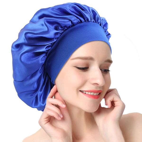 Hair Bonnet for Sleeping, Wide Elastic Band Satin Bonnet Silk Bonnet Shower Cap for Women Girls, Makeup Hair Care Sleeping Hat Elastic Hat Hair Bonnet for Night Sleep Curly Hair Protection-Blue