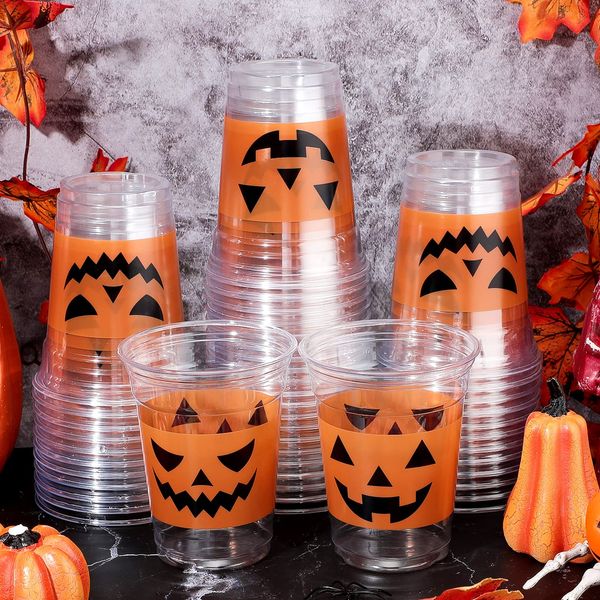 Meanplan 90 Pcs 12 oz Halloween Plastic Party Cups Disposable Clear Cups Scary Printed Party Cups Happy Halloween Cups for Liquor Coffee Juice and Hot Cold Drinks Party Supplies (Cute Style)