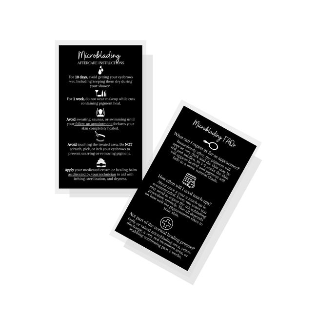 Microblading Aftercare Cards | 50 Pack | Size 3.5 x 2" inches | Disposable FAQ Microblade Printed Certified Recommended Care Instructions | PMU Black with White Icons Design