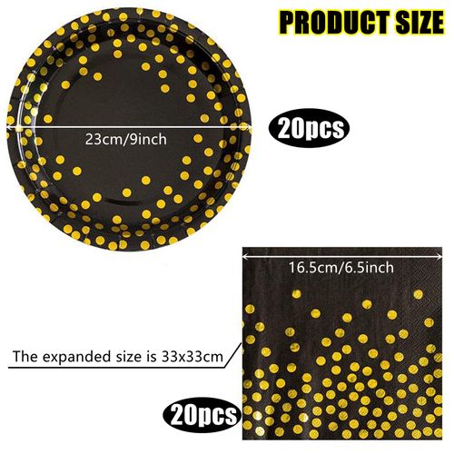 YanKMooM 40 Piece Paper Party Plates,20 Guests Disposable Black/White and Gold Tableware Set with Party Plates and Napkins for Party Birthday Wedding Anniversary Decorations (Black)