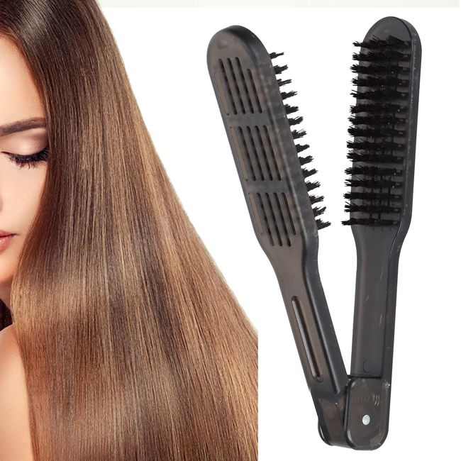 Boar Bristle Clamp Hair Brush, Double Sided Clamp Straightener Brush, Hair Styling Clips, Anti Static Hair Straightening Comb Styling Tools for Smoothing and Straight Hair Styles