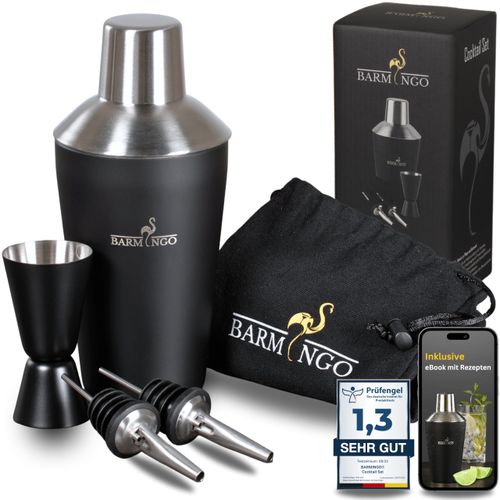 BARMINGO Cocktail Shaker Set [1.3 - Very Good] - 500 ml Stainless Steel Cocktail Shaker with Bar Accessories, Cocktail Set | Bar Set | Bartender Set | Cocktail Mix Set | Bar Gift Set | Black/Silver