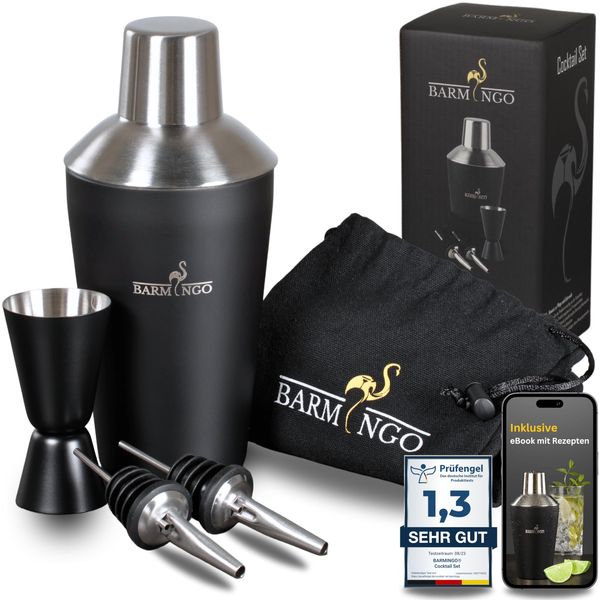 BARMINGO Cocktail Shaker Set [1,3 SEHR GUT] - 500ml Edelstahl Cocktail Shaker mit Bar Zubehör, Cocktail Set | Cocktailshaker Set | Barkeeper Set | Cocktail Mix Set | Bar Geschenkset | Schwarz & Silber