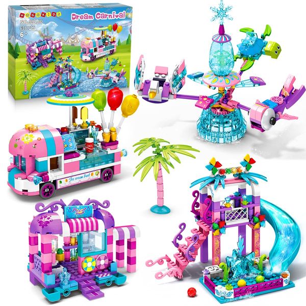 HOGOKIDS Girls Theme Park Building Set - 638 Pieces Friends Ice Cream Truck Building Block Kit 4 in 1 Model Princess Water Park Slide Toys for Kids Girls Boys Aged 6 7 8 9 10 Years Old